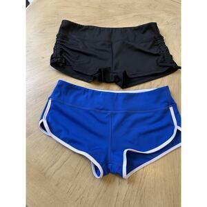Women L Beach High Waist Booty Shorts Blue Black Ruched Casual Gym Lot Of 2 Two